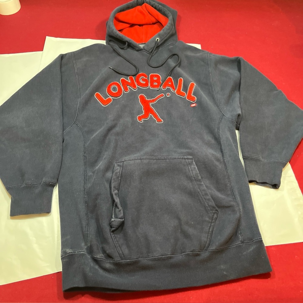 Steve & Barry's LONGBALL baseball BLUE HOODIE RED embroidery Hooded Sweathsirt M